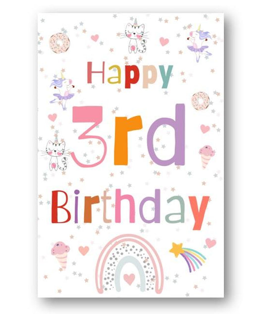 Second Ave 3rd Birthday Age 3 Unicorn Cat Ice Cream Children's Kids Happy Birthday Card Greetings Card For Girls
