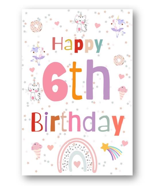 Second Ave 6th Birthday Age 6 Unicorn Cat Ice Cream Children's Kids Happy Birthday Card Greetings Card For Girls