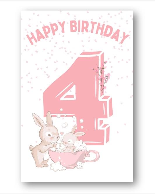 Second Ave 4th Birthday Age 4 Cute Rabbit Pink Baby Girl Children's Kids Happy Birthday Card Greetings Card