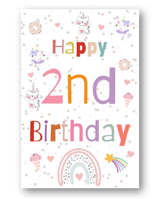 Second Ave 2nd Birthday Age 2 Unicorn Cat Ice Cream Children's Kids Happy Birthday Card Greetings Card For Girls