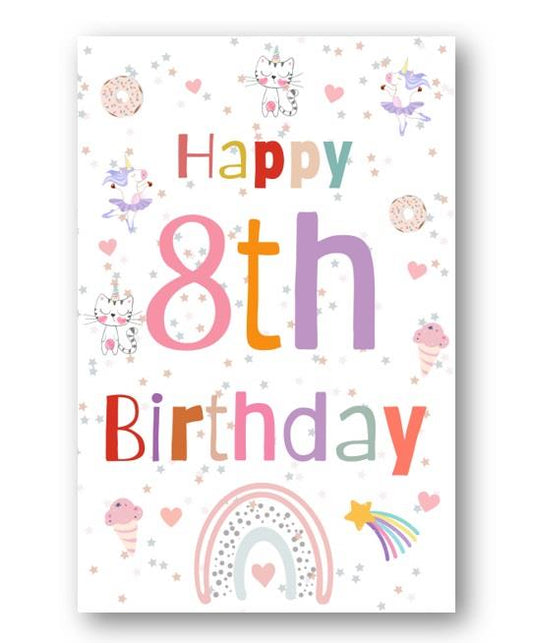 Second Ave 8th Birthday Age 8 Unicorn Cat Ice Cream Children's Kids Happy Birthday Card Greetings Card For Girls