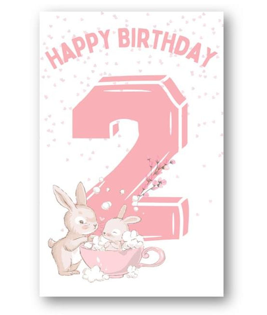 Second Ave 2nd Birthday Age 2 Cute Rabbit Pink Baby Girl Children's Kids Happy Birthday Card Greetings Card