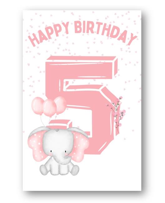 Second Ave 5th Birthday Age 5 Cute Elephant Pink Baby Girl Children's Kids Happy Birthday Card Greetings Card