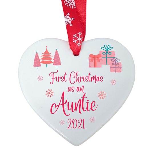 Second Ave First Christmas as an Auntie White Ceramic Hanging Heart Christmas Xmas Tree Decoration Bauble
