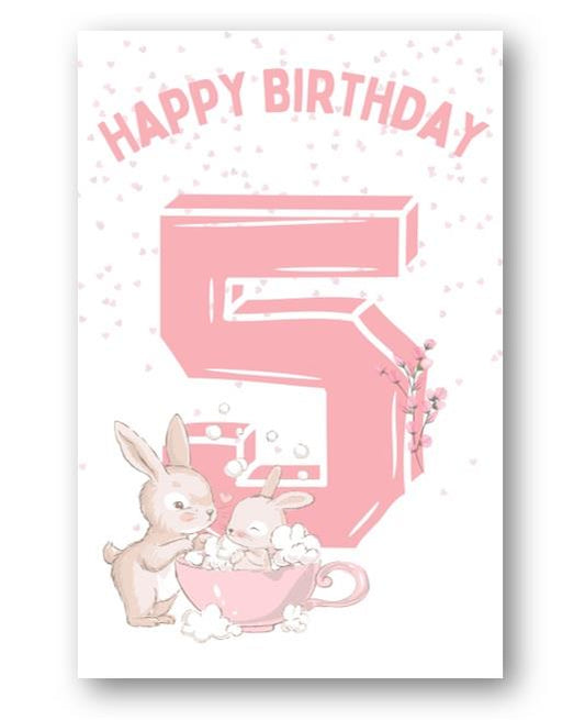Second Ave 5th Birthday Age 5 Cute Rabbit Pink Baby Girl Children's Kids Happy Birthday Card Greetings Card