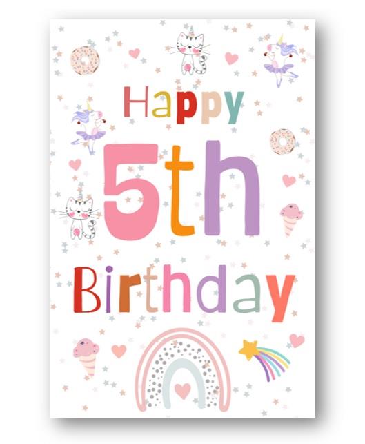 Second Ave 5th Birthday Age 5 Unicorn Cat Ice Cream Children's Kids Happy Birthday Card Greetings Card For Girls