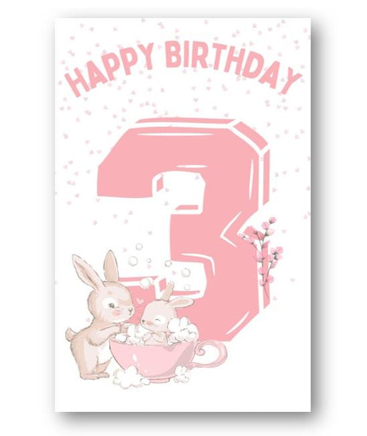 Second Ave 3rd Birthday Age 3 Cute Rabbit Pink Baby Girl Children's Kids Happy Birthday Card Greetings Card