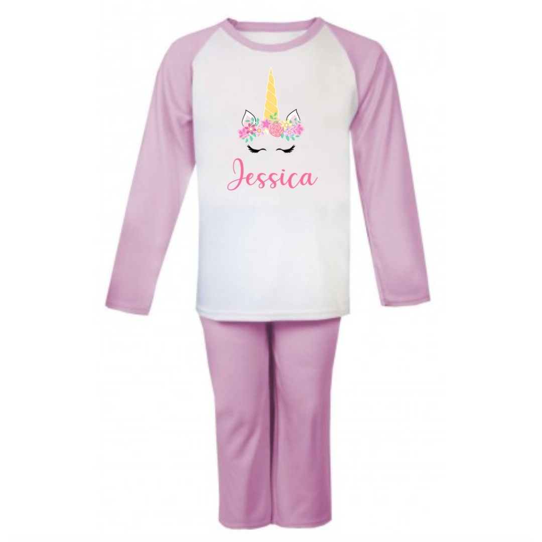 Second Ave Personalised Name Unicorn Children's Kids Pyjamas PJ's Pink/White
