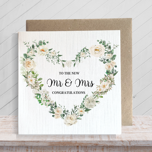 Second Ave Mr & Mrs Flower Heart Wreath Square Card Wedding Day Congratulations Card