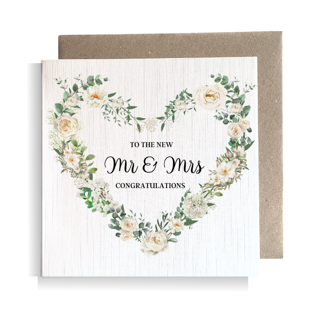 Second Ave Mr & Mrs Flower Heart Wreath Square Card Wedding Day Congratulations Card