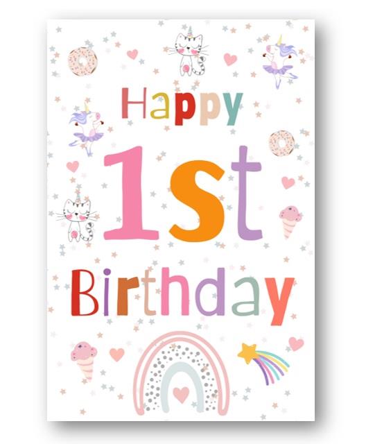 Second Ave 1st Birthday Age 1 Unicorn Cat Ice Cream Children's Kids Happy Birthday Card Greetings Card For Girls