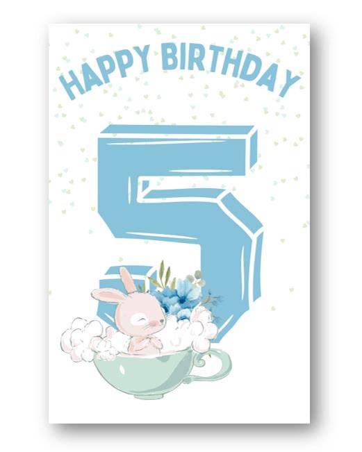 Second Ave 5th Birthday Age 5 Cute Rabbit Blue Baby Boy Children's Kids Happy Birthday Card Greetings Card