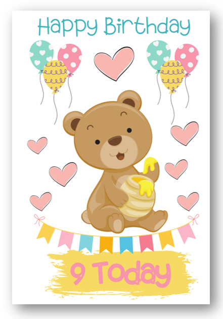 Second Ave Age 9 Children's Kids Bear 9th Birthday Card Greetings Card