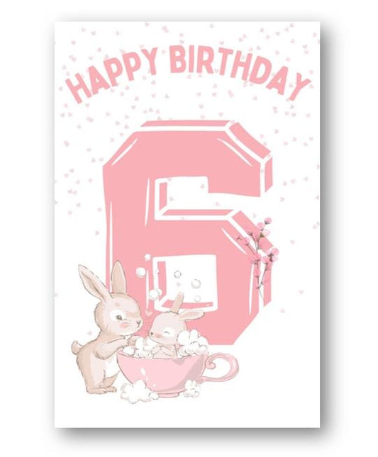 Second Ave 6th Birthday Age 6 Cute Rabbit Pink Baby Girl Children's Kids Happy Birthday Card Greetings Card
