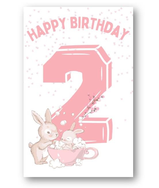 Second Ave 2nd Birthday Age 2 Cute Rabbit Pink Baby Girl Children's Kids Happy Birthday Card Greetings Card
