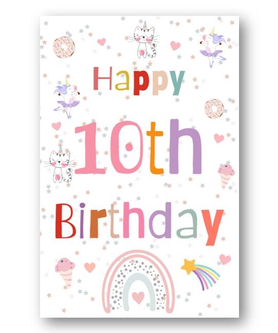 Second Ave 10th Birthday Age 10 Unicorn Cat Ice Cream Children's Kids Happy Birthday Card Greetings Card For Girls