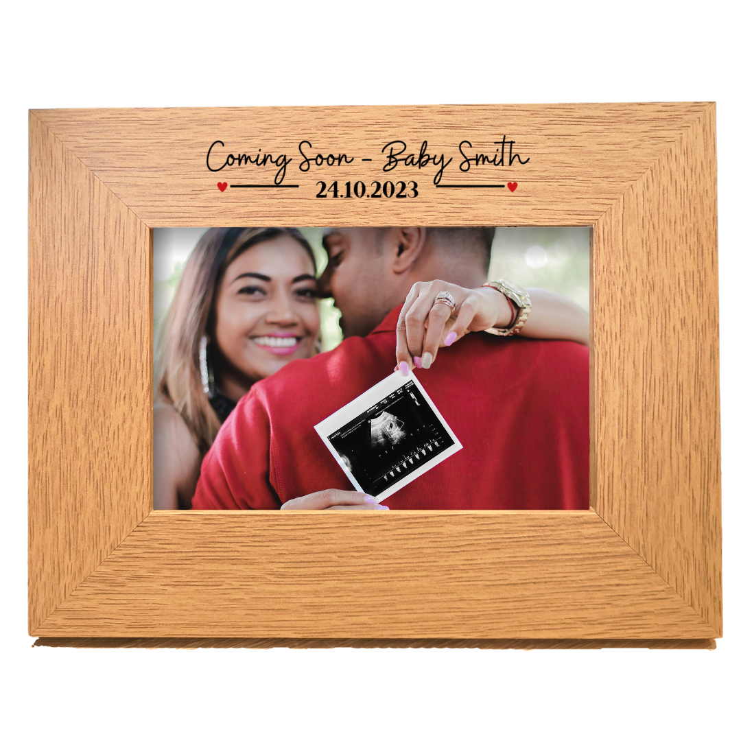 Second Ave Personalised Baby Coming Soon Scan Pregnancy Announcement Oak 6x4 Landscape Picture Photo Frame Gift