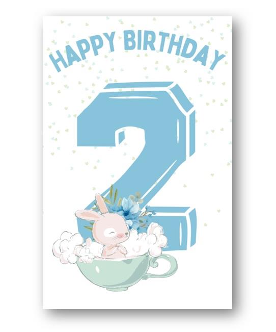 Second Ave 2nd Birthday Age 2 Cute Rabbit Blue Baby Boy Children's Kids Happy Birthday Card Greetings Card