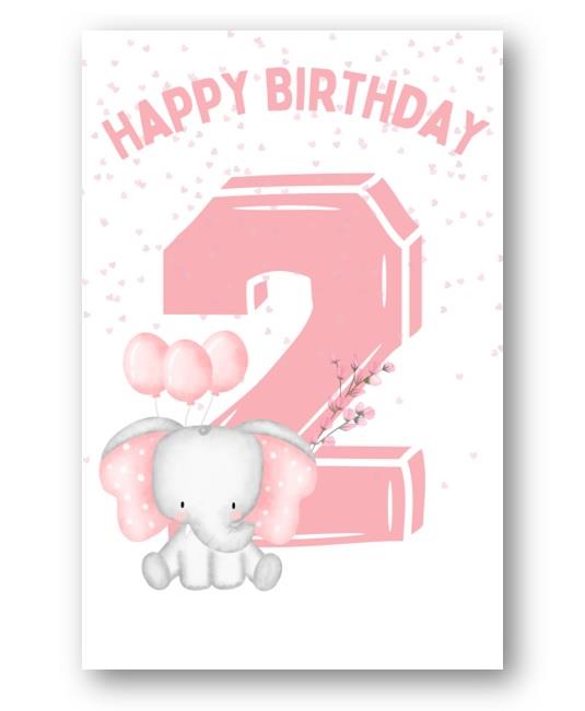 Second Ave 2nd Birthday Age 2 Cute Elephan Pink Baby Girl Children's Kids Happy Birthday Card Greetings Card