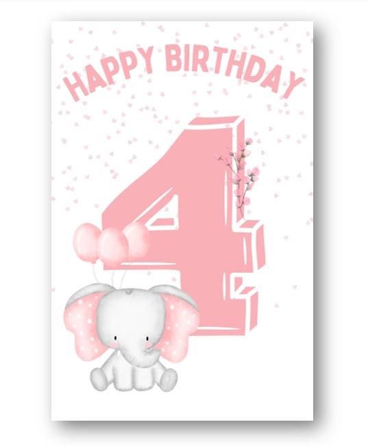 Second Ave 4th Birthday Age 4 Cute Elephant Pink Baby Girl Children's Kids Happy Birthday Card Greetings Card