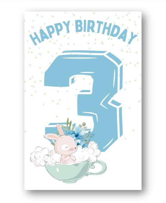 Second Ave 3rd Birthday Age 3 Cute Rabbit Blue Baby Boy Children's Kids Happy Birthday Card Greetings Card