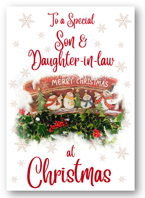 Second Ave Son & Daughter-in-Law Christmas Red Holly Snowman Xmas Holiday Festive Greetings Card