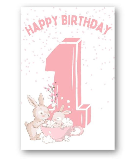 Second Ave 1st Birthday Age 1 Cute Rabbit Pink Baby Girl Children's Kids Happy Birthday Card Greetings Card