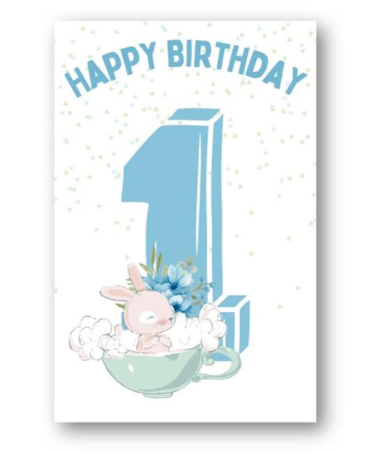 Second Ave 1st Birthday Age 1 Cute Rabbit Blue Baby Boy Children's Kids Happy Birthday Card Greetings Card
