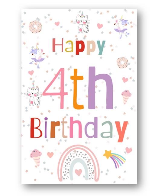 Second Ave 4th Birthday Age 4 Unicorn Cat Ice Cream Children's Kids Happy Birthday Card Greetings Card For Girls